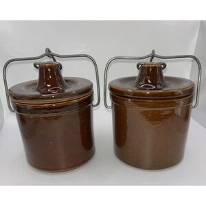 2 Vintage Brown Cheese/Butter Crock w/ Locking Bail Wire Lid‎ 5in